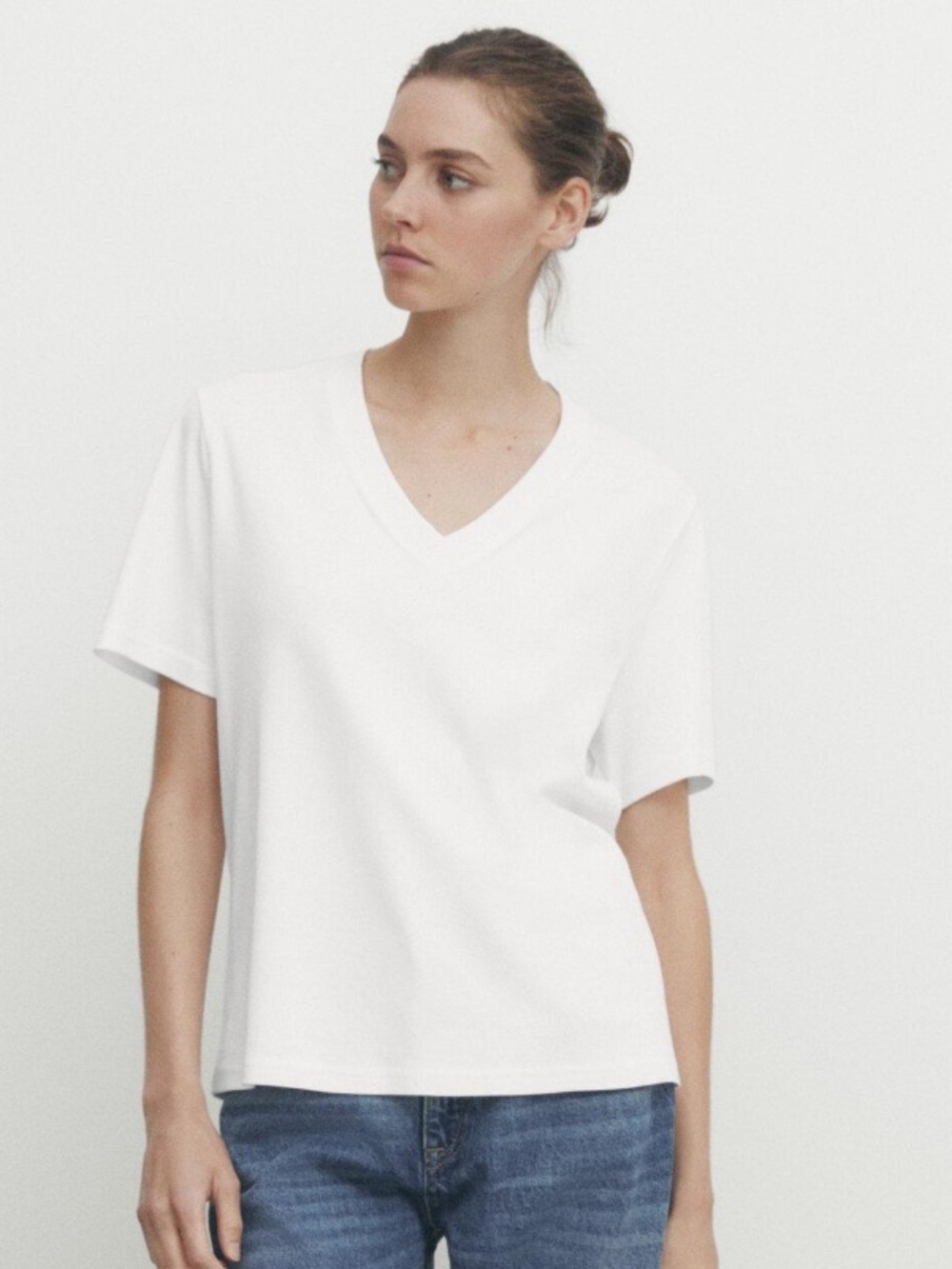 Massimo Dutti White V-Neck Short Sleeve Tee